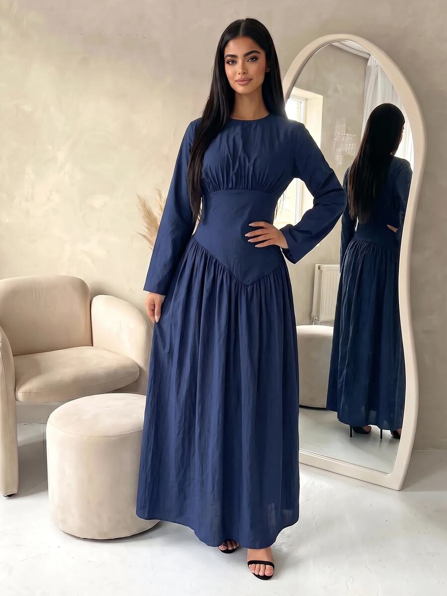 Veilorie Solid Ruched Bust Flowy Hem Arabian Dress - Blue - View 1