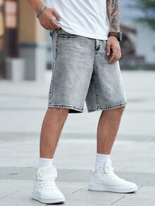 QuarKem Men Slant Pocket Washed Denim Shorts - Light Grey - View 5