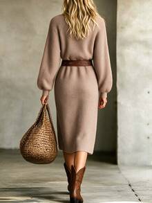 SHEIN Turtleneck Raglan Sleeve Sweater Dress Without Belt - Khaki - View 2