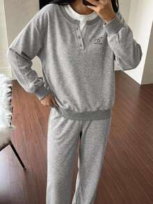 DAZY Colorblock 2 In 1 Drop Shoulder PJ Set Fall - Grey - View 5