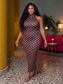 Slaydiva Plus Polka Dot Print Tie Neck Halter Dress - Brown - View 6