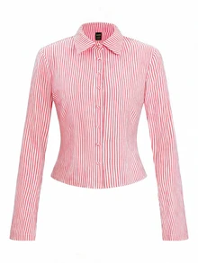 SHEIN 條紋印花前開扣襯衫 - 西瓜粉 - 查看 7
