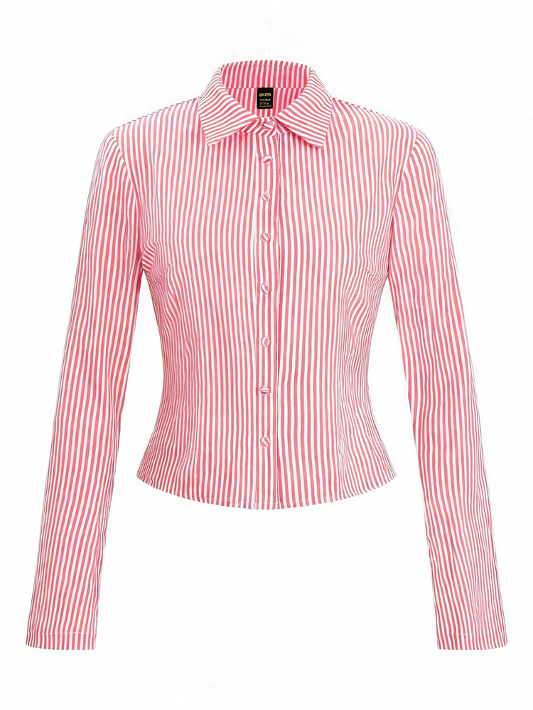 SHEIN Striped Print Button Front Shirt - Watermelon Pink - View 7