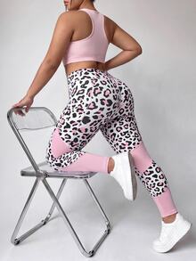 SHEIN Velisys Plus Leopard Print Wideband Waist Sports Leggings - Multicolor - View 2