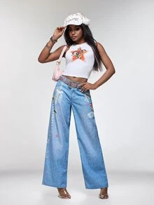 THE POWERPUFF GIRLS X SHEIN Celana Jeans Denim Wanita Motif Kartun dengan Kantong Kancing - Biru - View 6