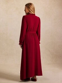 Écloséra Curve Plus Size Women's Elegant Boho Embroidered Round Collar French Style Shirt Dress, Slimming 3D Ruffle Cuffs Bow Waist Dark Purple Autumn - Burgundy - View 2