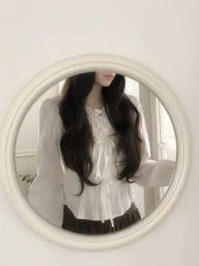 DAZY Blusa de color sólido con lazo delantero y ribete de volantes - Blanco - Ver 4
