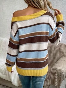 SHEIN LUNE Suéter con hombros caídos y estampado de rayas - Multicolor - Ver 2