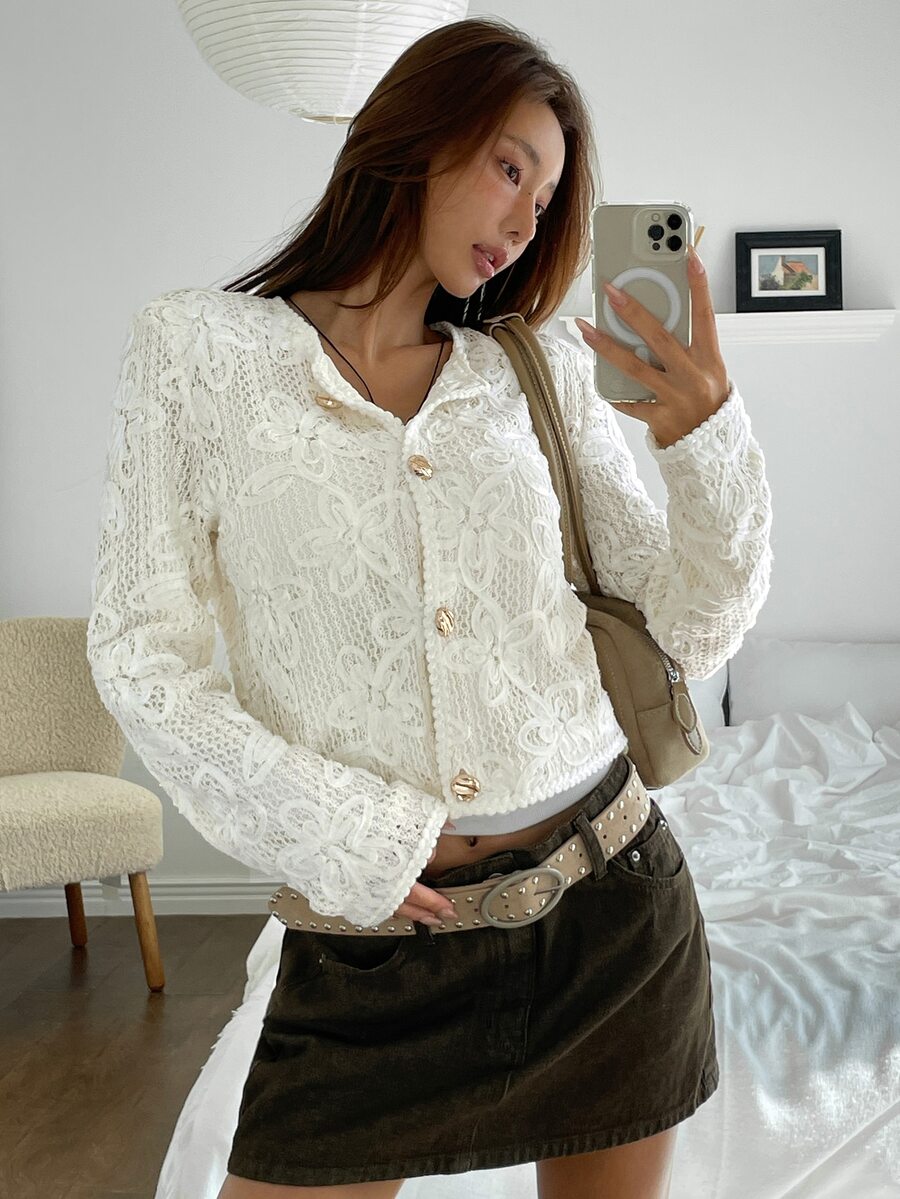 K-Vae Women's Elegant Solid Color Lace Jacket - Apricot - View 1