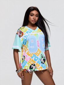 THE POWERPUFF GIRLS X SHEIN Kaos Wanita Berkerah V dengan Motif Kartun Serbaguna - Hijau - View 3