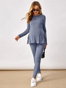 SHEIN Maternity Solid Color Long Sleeve Side Knot Hem Split T-Shirt And Leggings Casual 2 Pieces Set Fall - Navy Blue - View 3