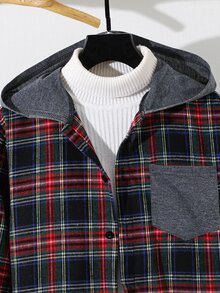 SHEIN 兒童青少年男孩休閒柔軟綠色格紋長袖連帽襯衫，基礎上衣，適合秋季、聖誕節、萬聖節、學校、家庭聚會、度假、派對，秋季穿搭，冬季穿搭 - 彩色 - 查看 6