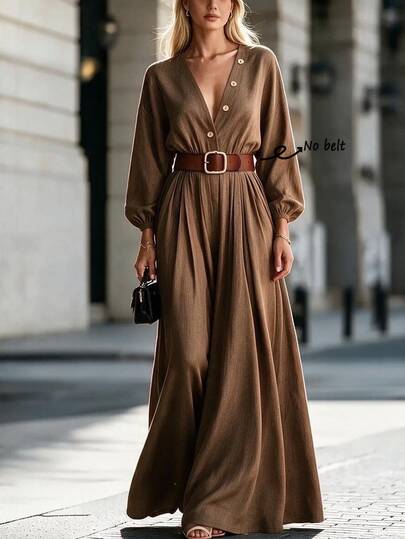 Trelyra Button Front Lantern Sleeve Belted Dress