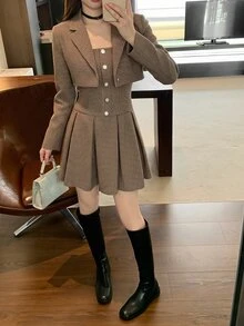 DAZY Fitted Waist Cami Dress Button Front Jacket Autumn Everyday School Brown Preppy Elegant - Brown - View 6