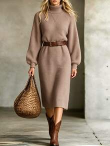 SHEIN Turtleneck Raglan Sleeve Sweater Dress Without Belt - Khaki - View 4