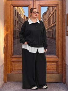 SHEIN CURVE+ Plus Drop Shoulder 2 In 1 Sweatshirt & Celana Panjang Lebar - Hitam - View 5