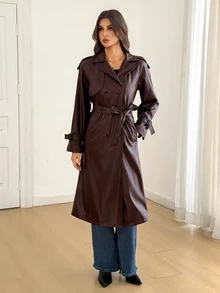 SHEIN Tall Double Breasted Belted PU Trench Coat - Brown - View 4