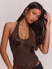 SHEIN BAE بودي سوت بنقشة زهور بياقة هالتر وظهر مكشوف - بني - مشاهدة 5