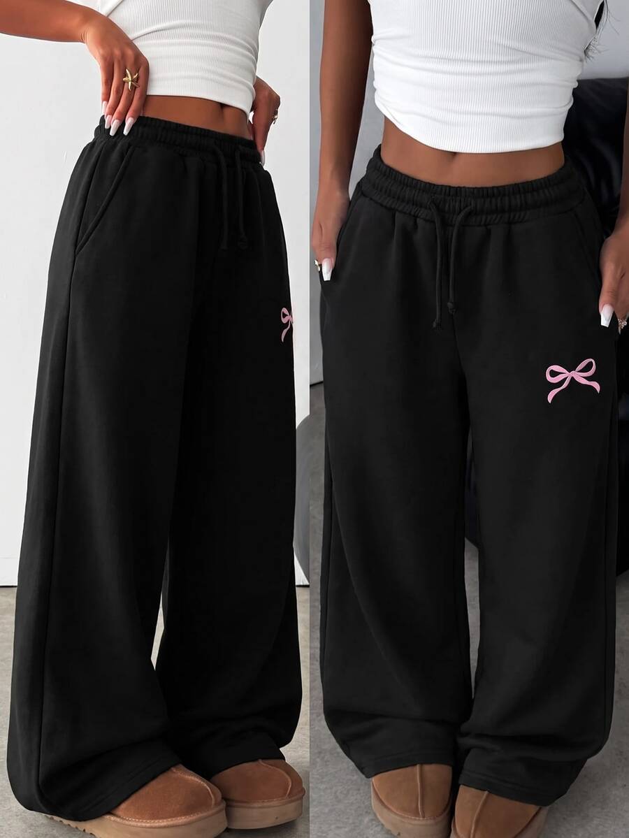 Tween Girl Knit Light Gray Loose Casual Versatile Drawstring Pocket Wide Leg Sweatpants - Multicolor - View 1
