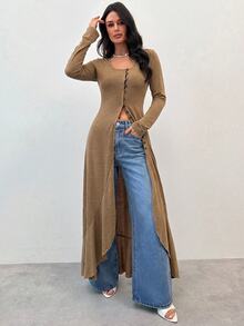 Firerie 女款休閒前開扣超長版T恤，秋季 - 卡其色 - 查看 3