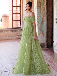 Aureia Elegant Formal Romantic 3D Lace Tube Strapless Bodice With Waist Mesh Sheer Effect, Boning Structure, Oversized A-Line Skirt, Wedding Prom Green Fall - Green - View 5