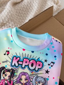 K-POP少女休閒套裝，圓領衛衣，棕色寬腿褲，保暖內裡，加厚毛茸茸，街頭風，幼兒生日秋季 - 彩色 - 查看 3