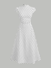 SHEIN Girlism 青少年女孩針織波點印花立領無袖休閒優雅洋裝，適合日常通勤穿著 - 白色 - 查看 3