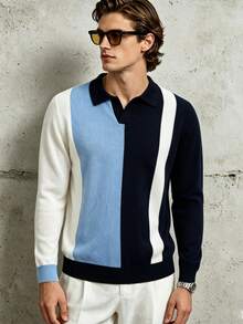 Manfinity Dauomo Men's Striped Long Sleeve Casual Turn Collar Sweater - Blue - View 1
