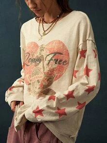 Bohemela Mermaid Star & Letter Graphic Drop Shoulder Oversize Tee - Apricot - View 6