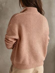 SHEIN LUNE CURVE Plus Half Zip Drop Shoulder Sweater Autumn Formal Club Vacation Dusty Pink Casual Baggy Traditional - Pink - View 2