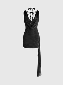 ROMWE Y2K Draped Front Halter Top & Ruched Side Dress - Black - View 1
