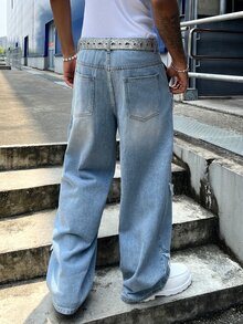 Manfinity EMRG Men Raw Trim Straight Leg Jeans Without Belt - Blue - View 2
