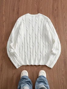 SWAVVY Men's Casual Loose Knit Long Sleeve Sweater, Fashionable Daily Wear, Cable Knit - White - View 7
