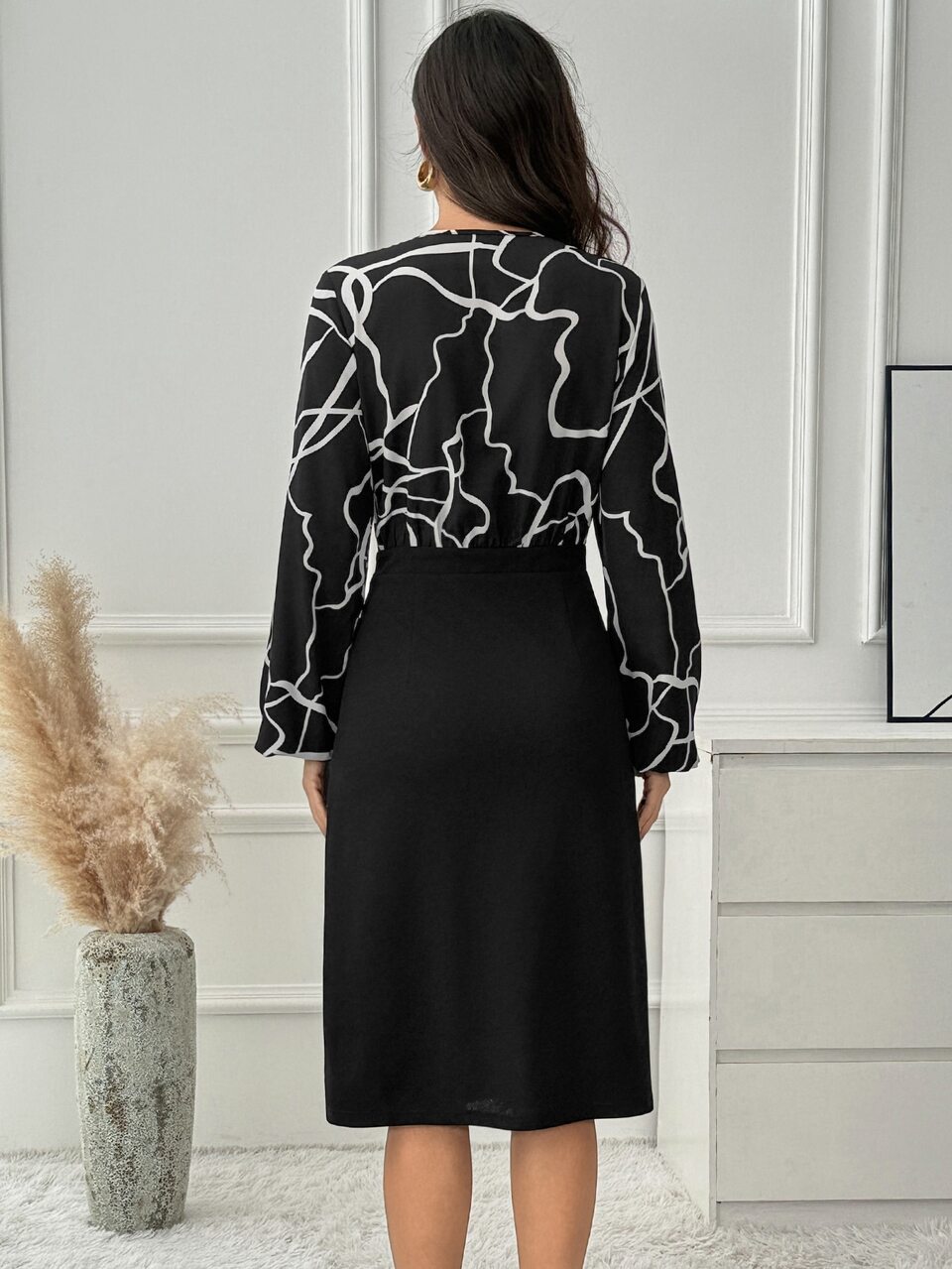 Elegant Modern Graphic, Two Piece Midi Dress, Black White, High Waisted Slim Fit, Business Office Formal Wear, Work Outfits Fall Winter