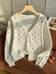 Comfortcana Plus Size Autumn Casual Polka Dot Print Cardigan - Black and White - View 3