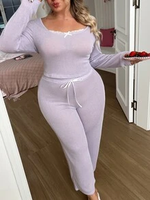 Slumberry CURVE Plus Size Lace Patchwork Bow Decor Top & Pants Pajama Set - Dusty Purple - View 3