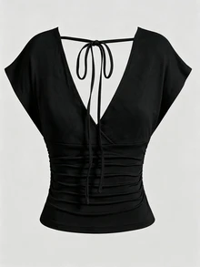 Olithes Summer Dark Brown V-Neck Backless Tie Waist Ruched Short Sleeve Elegant Cropped Plus Size Women's Top - Black - View 2