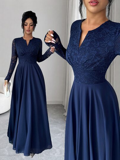 Elenzga Autumn/Winter V-Neck Cinched Waist A-Line Party Date Wedding Guest Elegant Formal Long Lace Long Sleeve Floral Navy Blue Evening Dress For Women