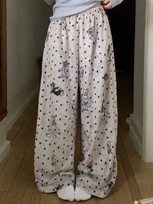 TOM AND JERRY X DAZY Polka Dot And Cartoon Graphic Fuzzy Sleep Pants - Khaki - View 10