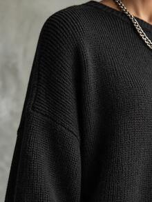 SHEIN Contrast Lace Asymmetrical Shoulder Drop Shoulder Sweater - Black - View 5
