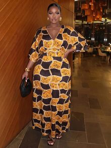Slaydiva Plus Allover Print V Neck Dress Fall - Multicolor - View 7