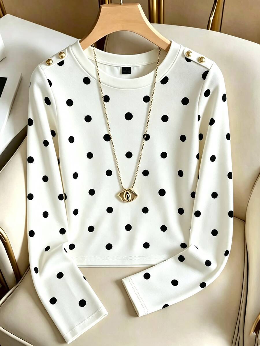 SHEIN Franclia Kaos dengan Detail Kancing Motif Polkadot - Putih - View 1
