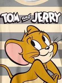TOM & JERRY X SHEIN 大尺碼對比條紋卡通與字母圖案 T 恤 - 白色 - 查看 3