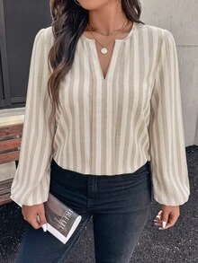 EMERY ROSE Plus Striped Print Notched Neckline Lantern Sleeve Blouse - Multicolor - View 5