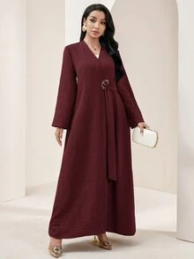 Veilorie Solid Metal Buckle Belted Abaya - Burgundy - View 5