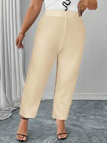 Reflora Plus Minimalist Contrast Guipure Lace Solid Pants - Apricot - View 6