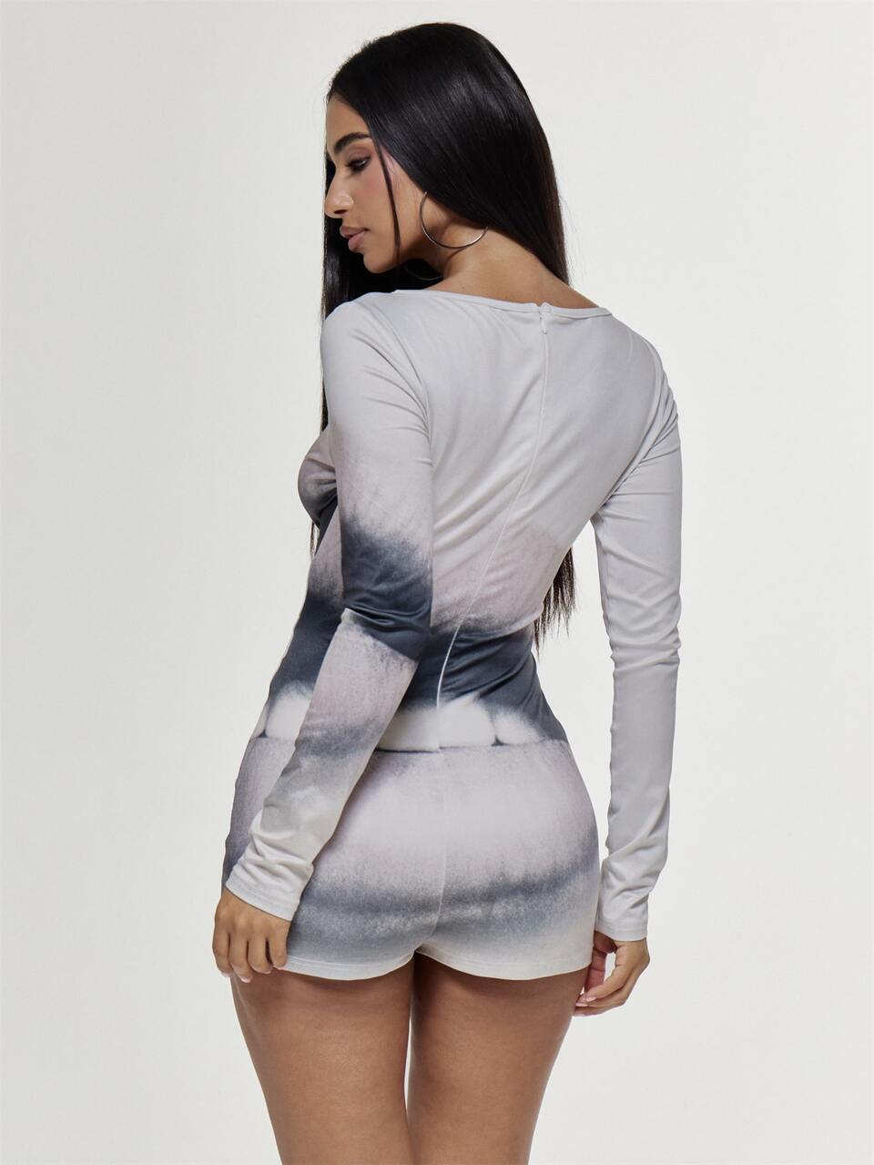 Graphic Printed Fitted Slinky Long Sleeve Mini Short Jumpsuit