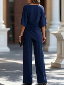 SHEIN LUNE Solid Color Side Twisted Decor Boat Neck Batwing Short Sleeve 2 Pieces Set, Draped Wide Leg Pants Outfit For Business Commute, Party, Gathering, Daily Wear And Holiday - Blue - View 2
