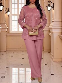 Fleurora Plus Size Elegant Party Top And Pants 2 Pieces Set - Purple - View 4