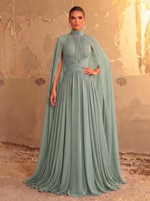Aureia 優雅浪漫鼠尾草綠雪紡披肩高領抓皺拼接畢業舞會晚宴禮服婚禮賓客晚禮服正式秋季 - 綠色 - 查看 6
